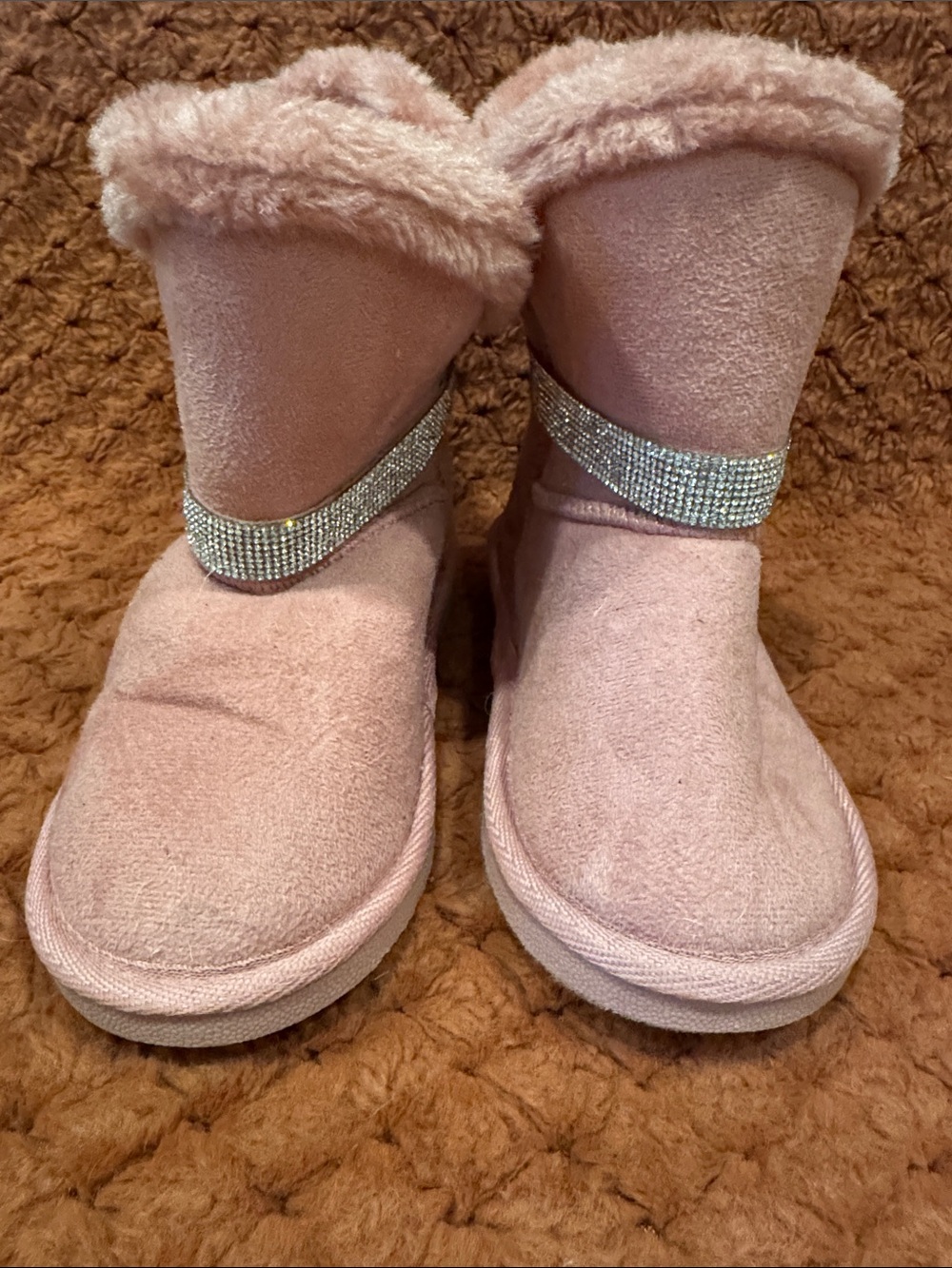 Bebe Pink Faux Fur Crystal Strap Cozy Boots